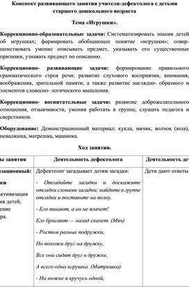 Конспект развивающего занятия учителя-дефектолога с детьми старшего дошкольного возраста на тему "Игрушки"