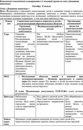 Комплексно тематическое планирование в 1 младшей группе по теме «Домашние животные»