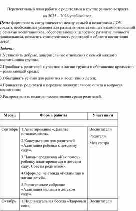 Обложка для материала Перспективный план работы с родителями в группе раннего возраста  на 2025 – 2026 учебный год.