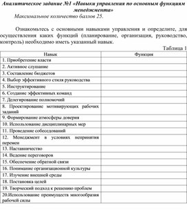 Обложка для материала Аналитическое задание №1 «Навыки управления по основным функциям менеджмента»