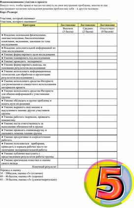 Обложка для материала Взаимооценивание участия в проекте.
