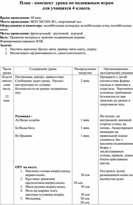 План конспект урока "Подвижные игры" 4 класс