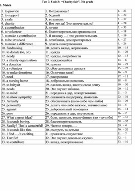Test 3. Unit 3:  “Charity fair”. 7th grade