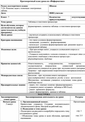 Таблицы в текстовом процессоре_Краткосрочный план урока Таблицы в текстовом процессоре