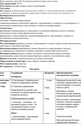 Обложка для материала Конспект урока физической культуры в 5 классе Кувырок вперёд, назад в группировке