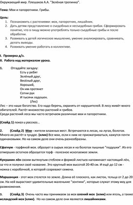 Конспект к занятию Окружающий мир Плешаков А.А. "Зеленая тропинка"