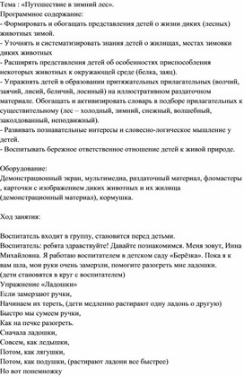 Конспект занятия по ознакомлению с окружающим "Путешествие в зимний лес"