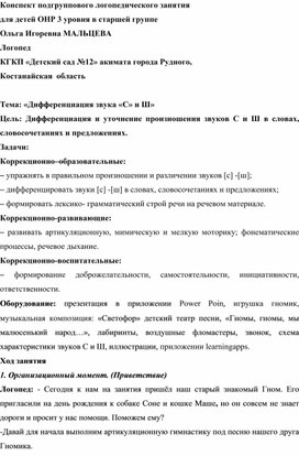 Обложка для материала Конспект подгруппового логопедического занятия "Дифференциация звуков С и Ш"