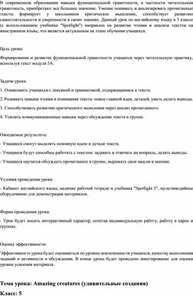 Методическая разработка. конструкт урока по английскому языку для 5 классов "Удивительные создания"