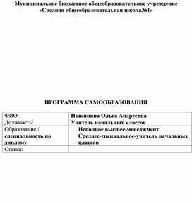 Программа самообразования: «Развитие речи с элементами развивающего обучения на уроках чтения, русского языка».