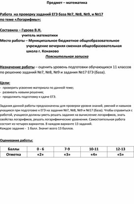 Тренировочная работа на тему "Логарифмы"