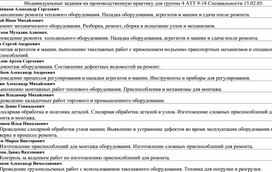 Индивидуальные задания на производственную практику для группы 4 АТТ 9-18 Специальности 15.02.05.