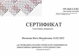 Сертификат участника вебинара Как проводить он-лайн уроки