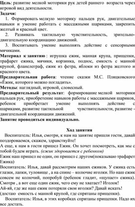 Конспект индивидуального занятия по развитию мелкой моторики у детей раннего возраста «Веселый Ежик»