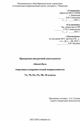 Программа внеурочной деятельности  «Баскетбол»