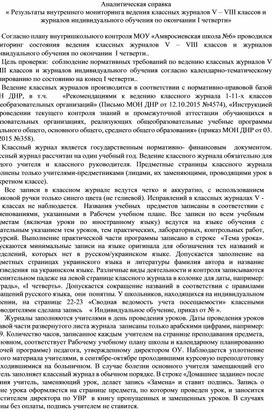 АС  « Результаты внутреннего мониторинга ведения классных журналов V – VIII классов и журналов индивидуального обучения по окончании I четверти»