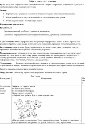 Обложка для материала Конспект занятия по ОРКСЭ "Доброте сопутствует терпение"