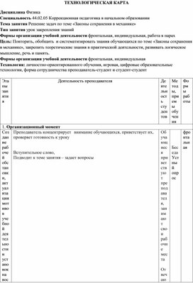 Технологическая карта Решение задач по теме «Законы сохранения в механике»