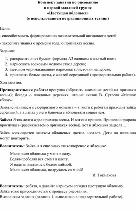 Конспект занятия по рисованию для детей первой младшей группы "Цветущая яблонька" (с использованием нетрадиционных техник)