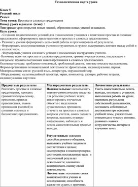 Техкарта урока "Простые  и сложные предложения" 5 класс