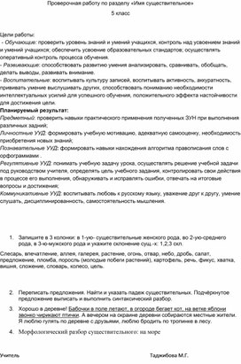 Самостоятельная работа по теме "Имя существительное" (5 класс)