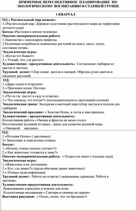 Примерное планирование по экологическому воспитанию в старшей группе