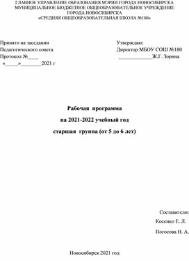 Рабочая  программа на 2021-2022 учебный год старшая  группа (от 5 до 6 лет)