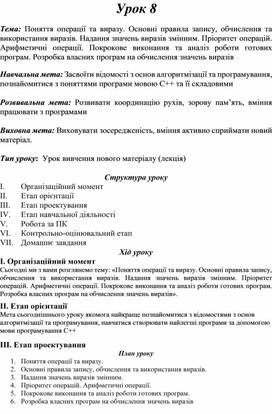 Обложка для материала Тема: Поняття операції та виразу. Основні правила запису, обчислення та використання виразів. Надання значень виразів змінним. Пріоритет операцій. Арифметичні операції.