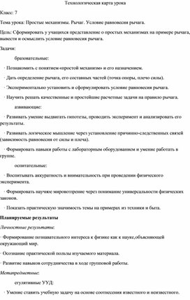 Обложка для материала Технологическая карта урока физики в 7 классе «Простые механизмы. Рычаг. Условие равновесия рычага.»