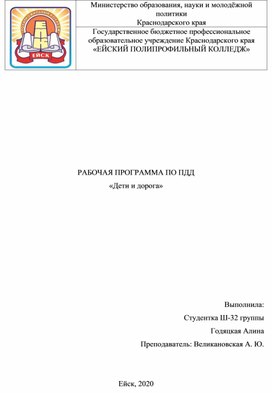 РАБОЧАЯ ПРОГРАММА ПО ПДД «Дети и дорога»