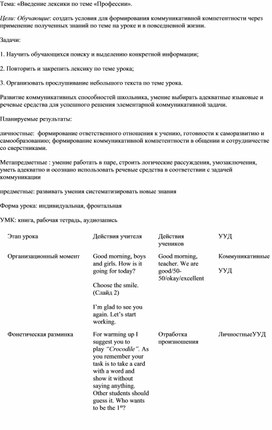 Конспект урока по английскому языку в 3 классе на тему "Профессии"