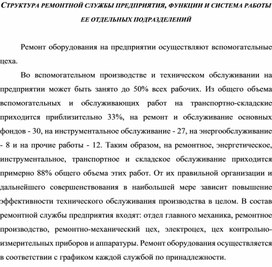 Обложка для материала СТРУКТУРА РЕМОНТНОЙ СЛУЖБЫ ПРЕДПРИЯТИЯ, ФУНКЦИИ И СИСТЕМА РАБОТЫ ЕЕ ОТДЕЛЬНЫХ ПОДРАЗДЕЛЕНИЙ