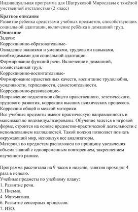 Обложка для материала Индивидуальная программа для ребёнка с тяжёлой умственной отсталостью (2 класс)