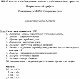 Терминологический диктант «Симптомы поражения ЦНС»