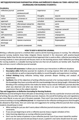 Методологическая разработка урока английского языка на тему «Reflective journaling for nursing students»