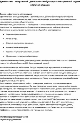 Диагностика   театральной   деятельности обучающихся театральной студии «Золотой ключик»