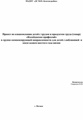 Обложка для материала Проект по ознакомлению детей с трудом и продуктом труда (товар) «Калейдоскоп профессий» в группе компенсирующей направленности для детей с амблиопией  и косоглазием шестого года жизни