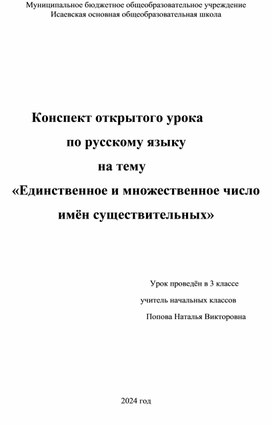 Конспект открытого урока                     по русскому языку                              на тему  «Единственное и множественное число имён существительных»