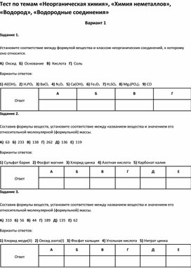 Обложка для материала Тест по темам «Неорганическая химия», «Химия неметаллов»,  «Водородные соединения 7 класс