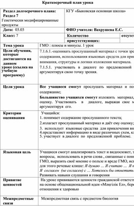 Краткосрочный план урока русского  языка в 7 классе на тему "Генно-модифицированные продукты: плюс и минус"