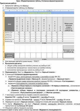 Урок «Форматирование таблиц. Условное форматирование» Практическая работа.