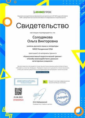 Обложка для материала Свидетельство "Коммуникативный педагогический тренинг: Способы взаимодействия с разными категориями учащихся"