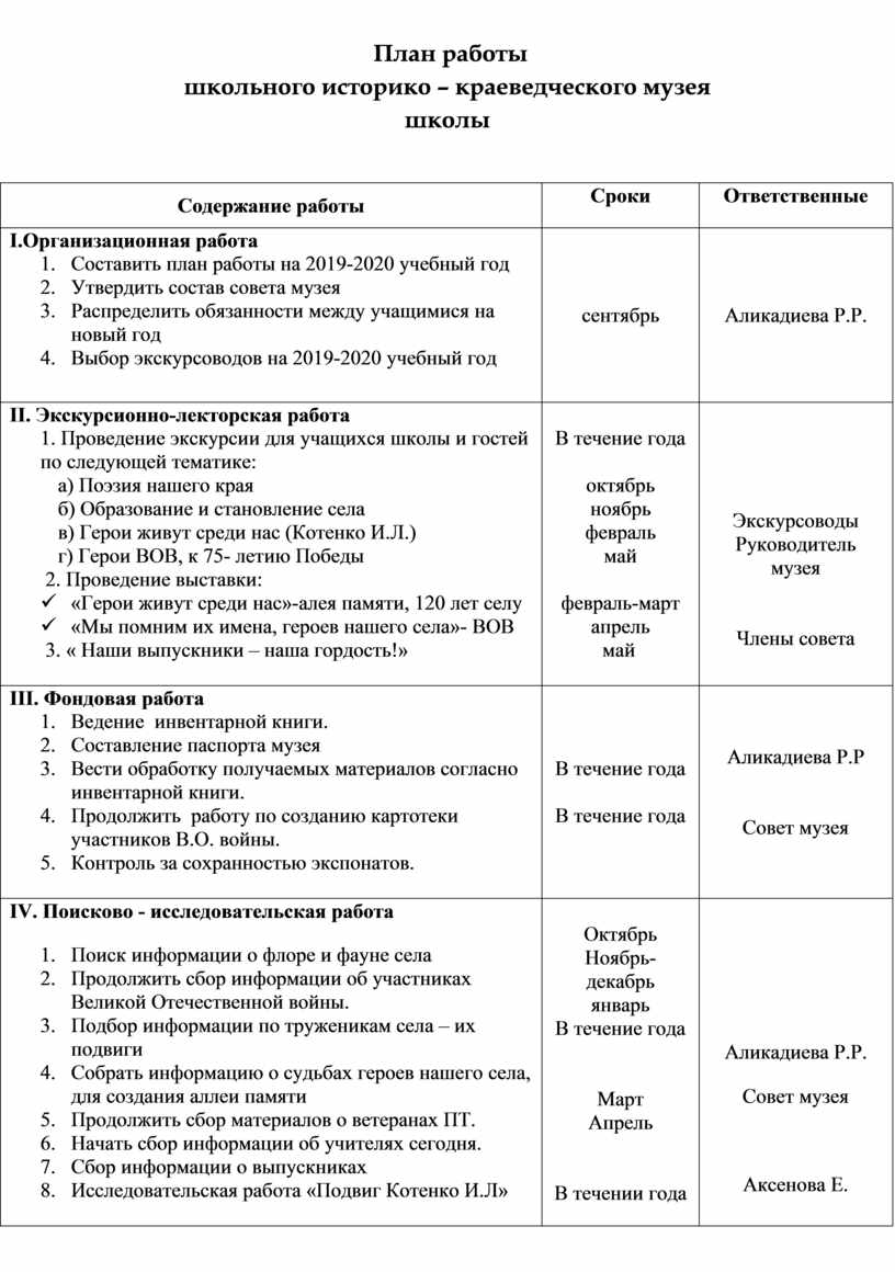 График работы школьного музея образец