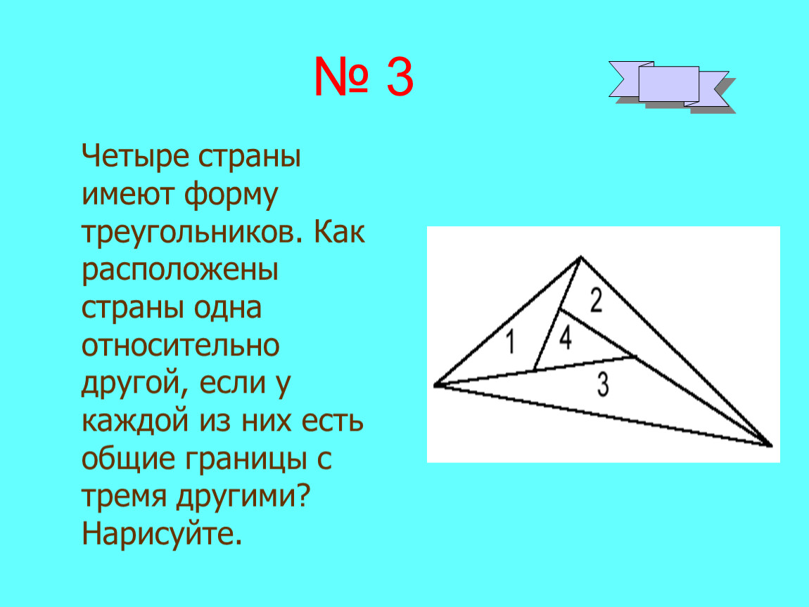 Каждой из них 1. Четыре страны имеют форму треугольников. Одна относительно другой как располагаются.