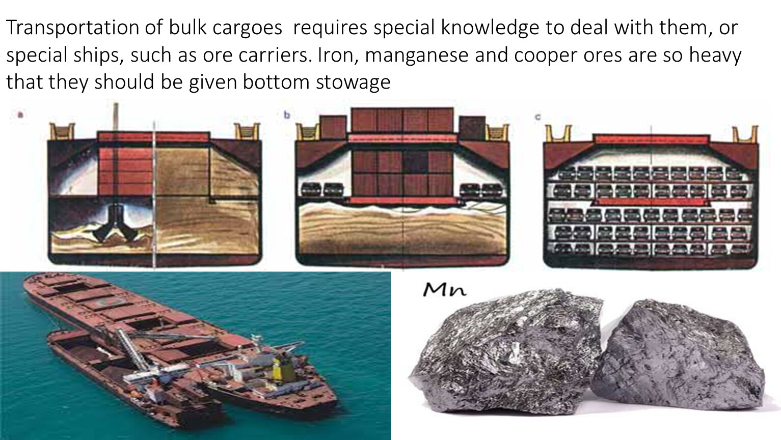 Transportation of bulk cargoes requires special knowledge to deal with them, or special ships, such as ore carriers