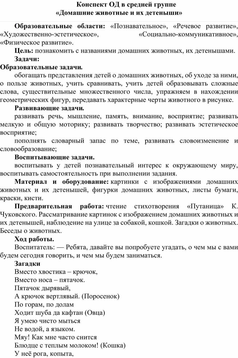 Конспект ОД в средней группе компенсирующей направленности «Домашние  животные и их детеныши»