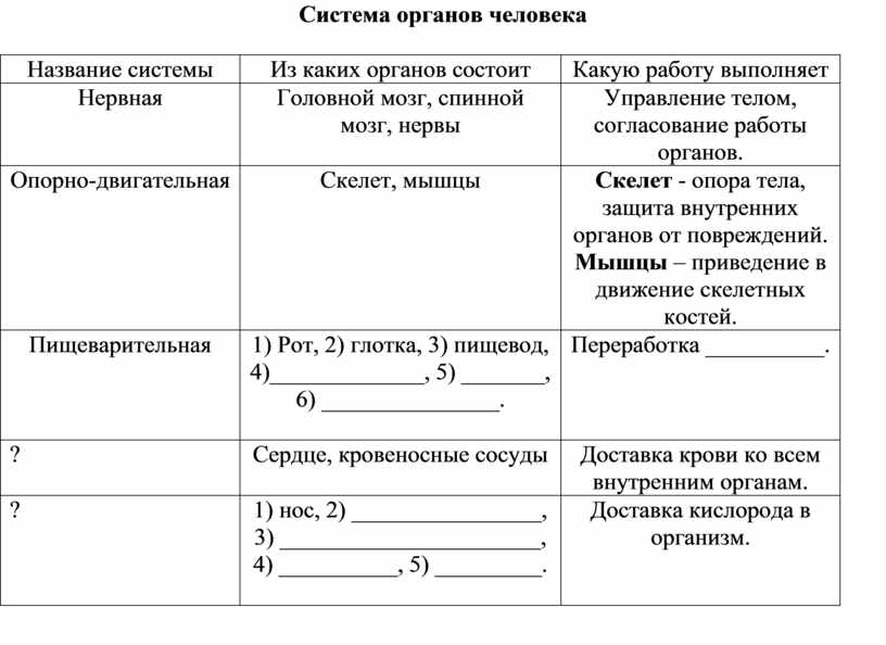 Таблица системы органов