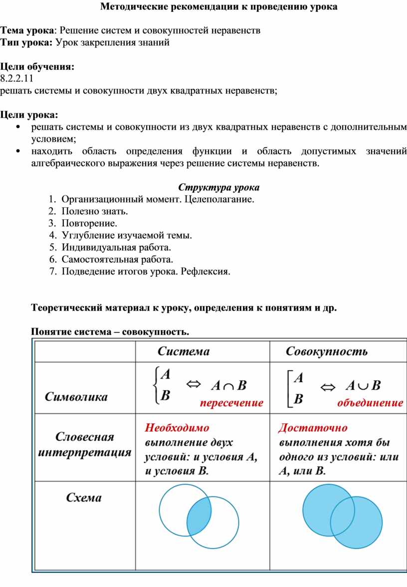 Решение систем и совокупностей неравенств_Методические рекомендации к уроку  №6 (1)