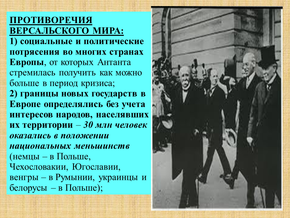 Версальский мирный договор суть договора. Противоречия Версальский мир. Противоречия Версальского договора. Противоречия Версальско-вашингтонской системы. Противоречия Версальского мирного договора.