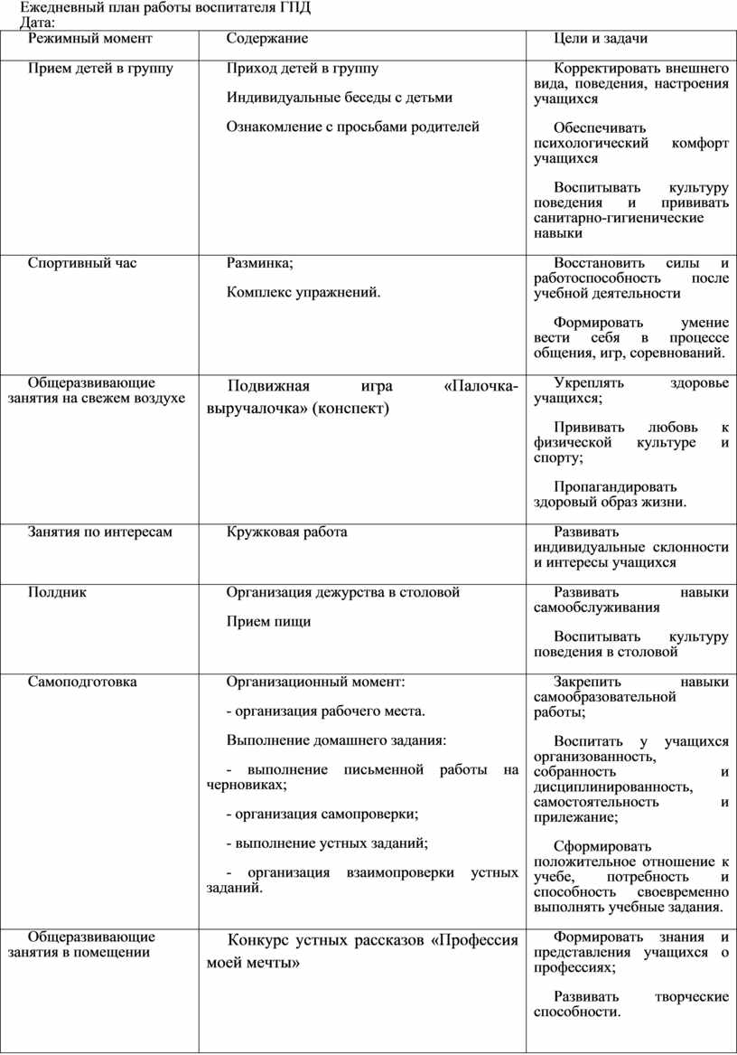 План работы воспитателя гпд 1 класс